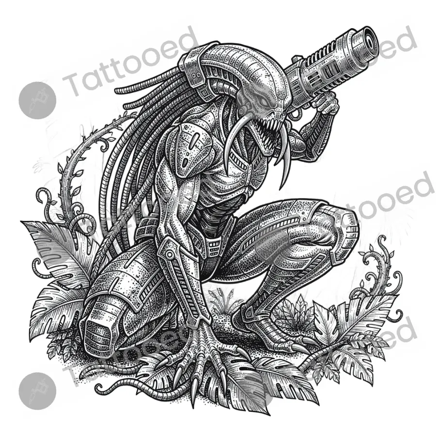 Alien Hunter with Dreadlocks, fine line tattoo flash design