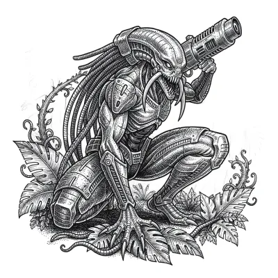 Alien Hunter with Dreadlocks, Fine Line tattoo flash design