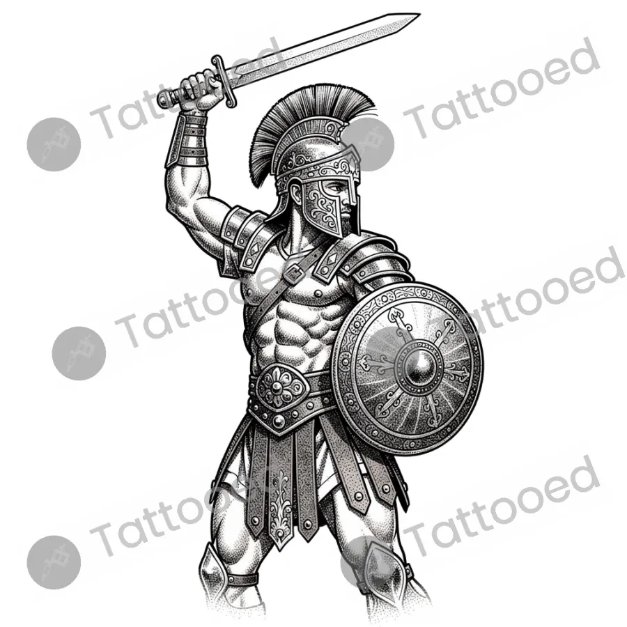 Ancient Arena Gladiator, fine line tattoo flash design