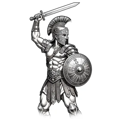 Ancient Arena Gladiator, Fine Line tattoo flash design