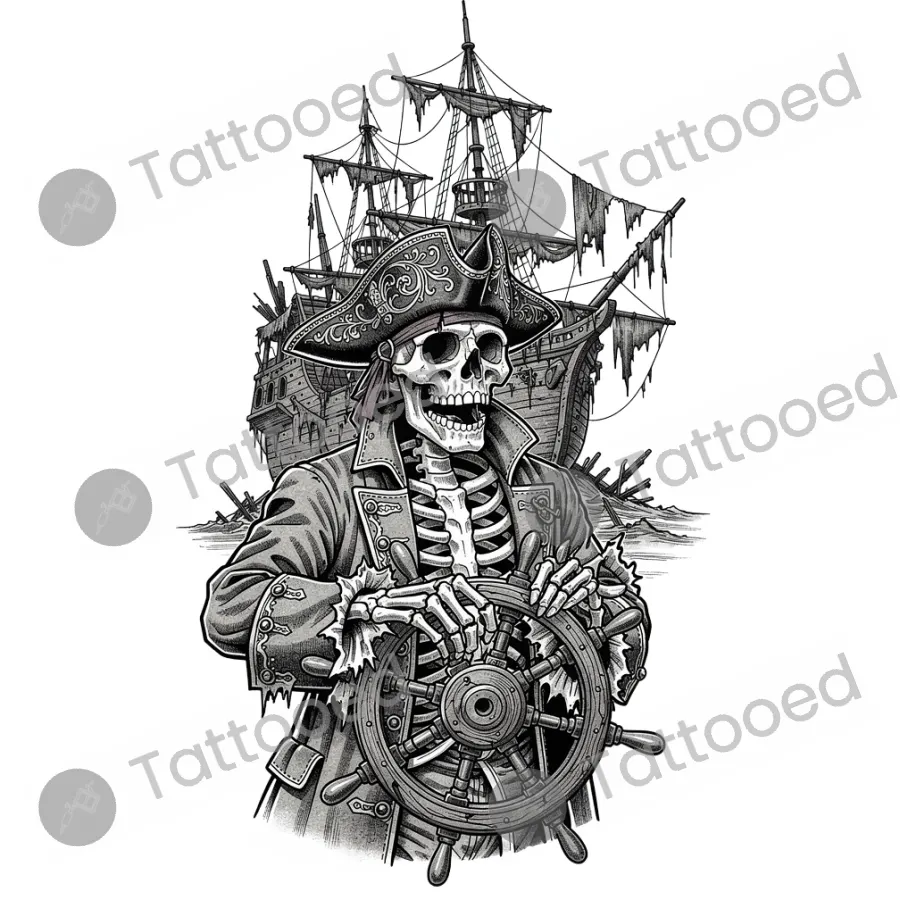 Undead Pirate Captain, fine line tattoo flash design