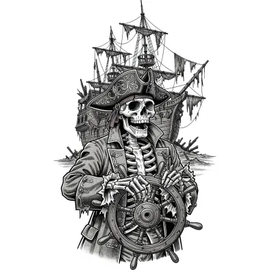 Undead Pirate Captain, Fine Line tattoo flash design