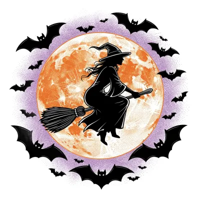 Witch on Broomstick, Fine Line tattoo flash design