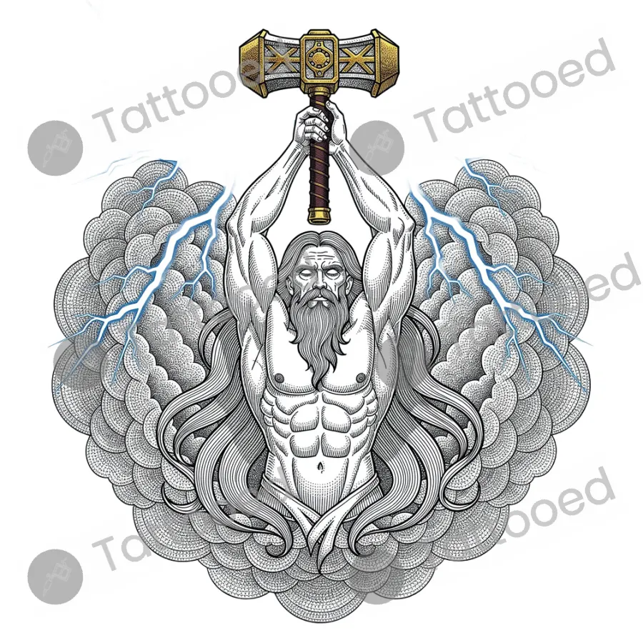 Norse Thunder God, fine line tattoo flash design