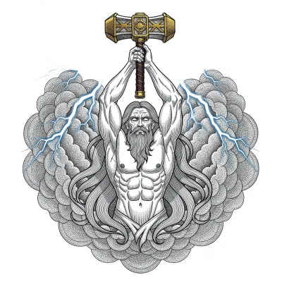Norse Thunder God, Fine Line tattoo flash design
