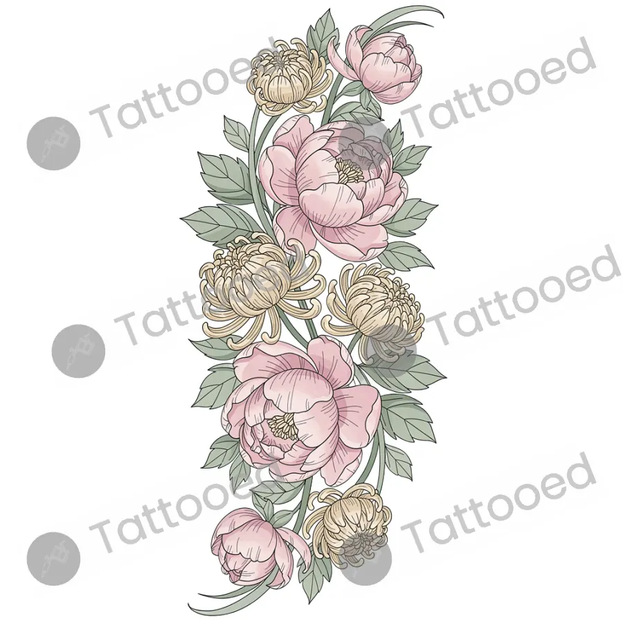 Peony and Chrysanthemum Sleeve, fine line tattoo flash design