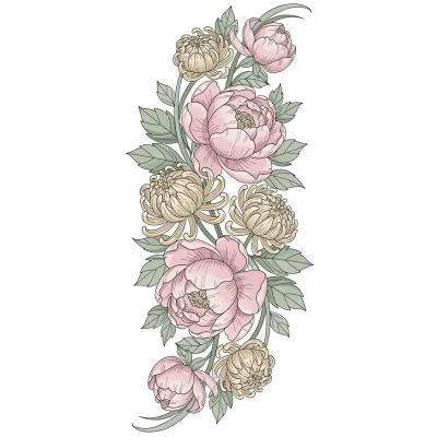 Peony and Chrysanthemum Sleeve, Fine Line tattoo flash design