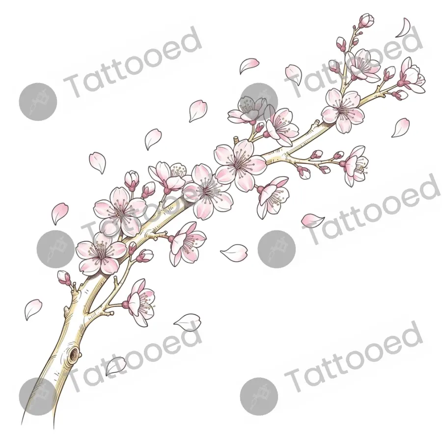 Japanese Cherry Blossom Sleeve, fine line tattoo flash design
