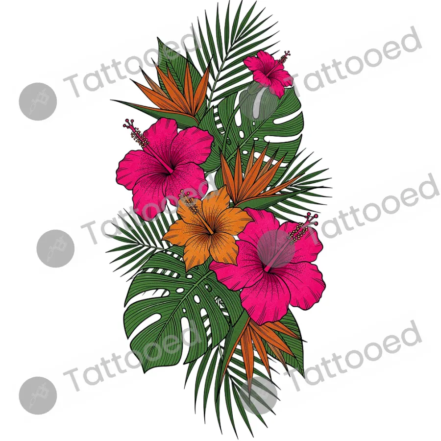 Tropical Botanicals Sleeve, fine line tattoo flash design