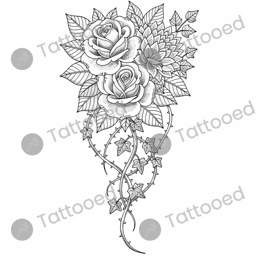 Victorian Botanical Sleeve, fine line tattoo flash design