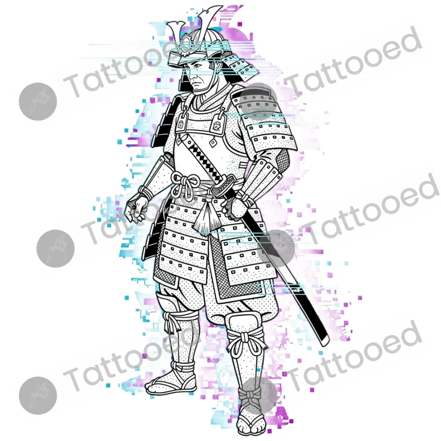 Glitch Samurai, fine line tattoo flash design