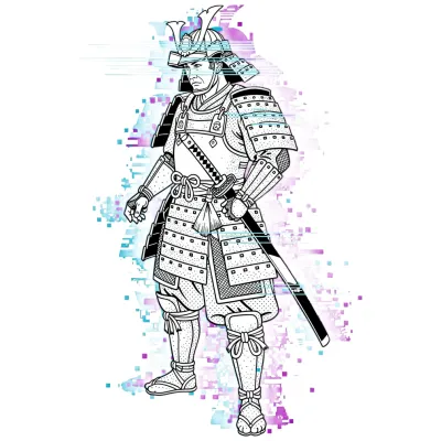 Glitch Samurai, Fine Line tattoo flash design