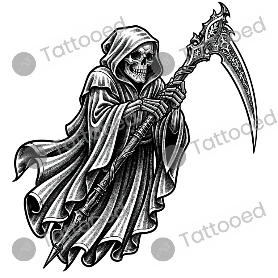 Grim Reaper, blackwork tattoo flash design