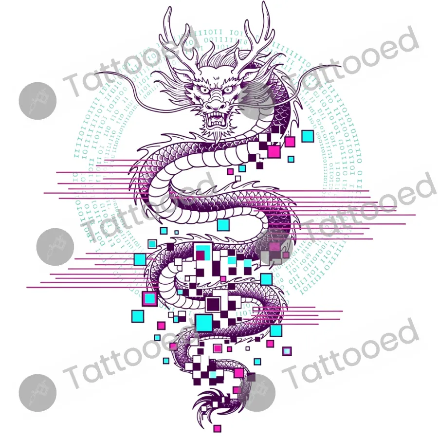 Neon Dragon Glitch, fine line tattoo flash design
