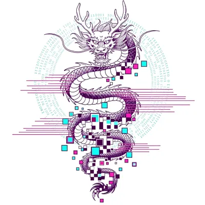 Neon Dragon Glitch, Fine Line tattoo flash design