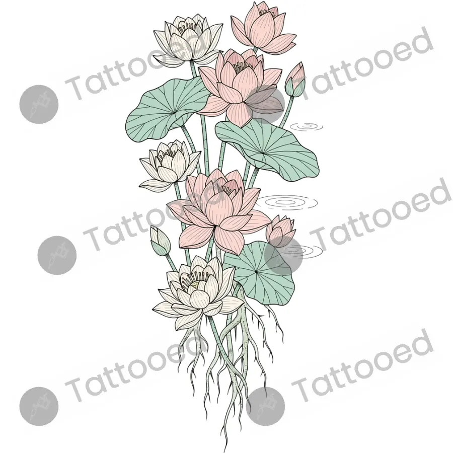 Lotus and Water Lily Sleeve, fine line tattoo flash design