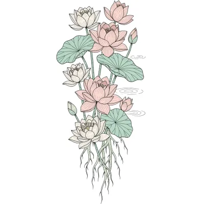 Lotus and Water Lily Sleeve, Fine Line tattoo flash design