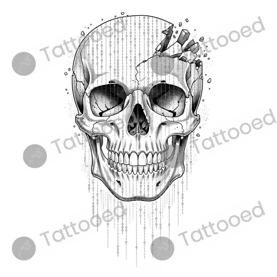 Corrupted Data Skull, fine line tattoo flash design