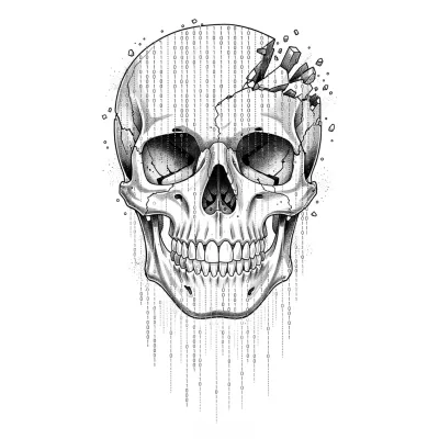 Corrupted Data Skull, Fine Line tattoo flash design