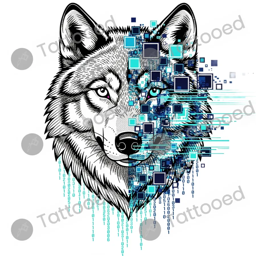 Digital Wolf Corruption, fine line tattoo flash design