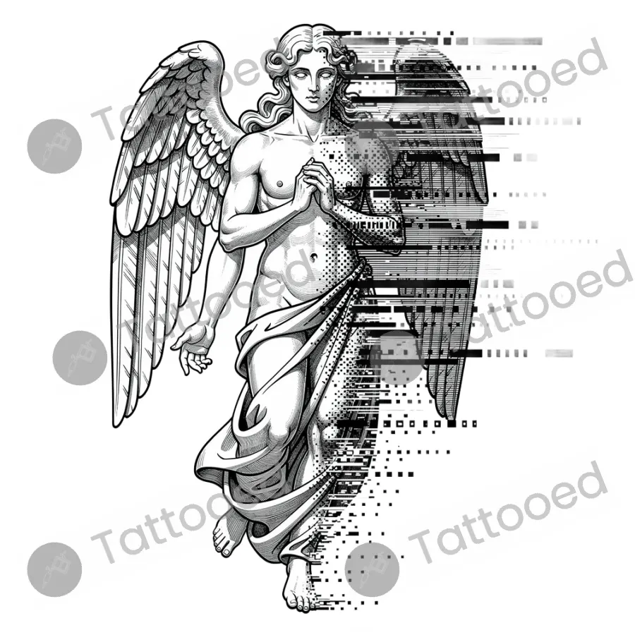 Glitch Angel, fine line tattoo flash design
