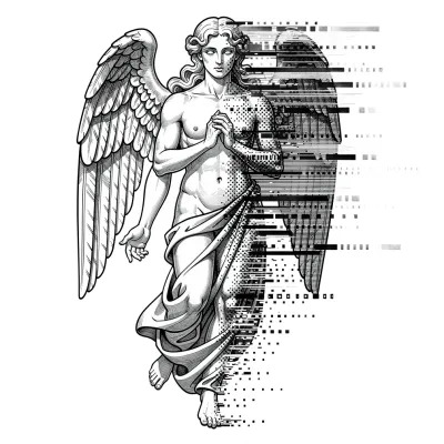 Glitch Angel, Fine Line tattoo flash design