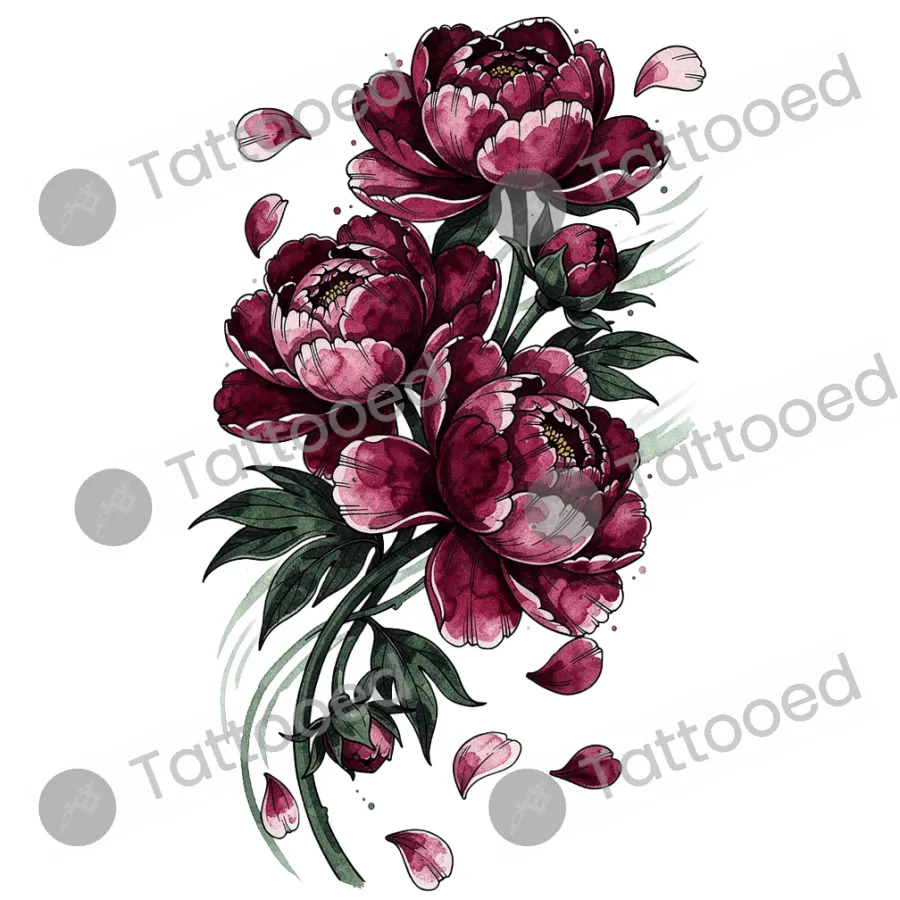 Peony Storm Sleeve, watercolor tattoo flash design