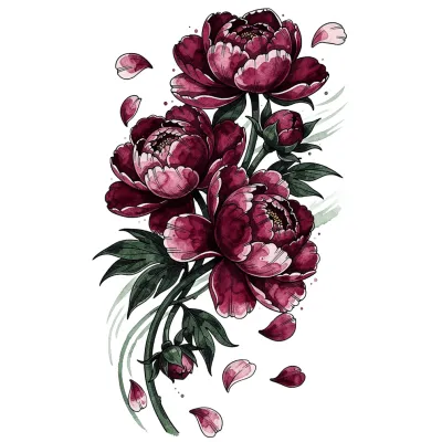 Peony Storm Sleeve, Watercolor tattoo flash design