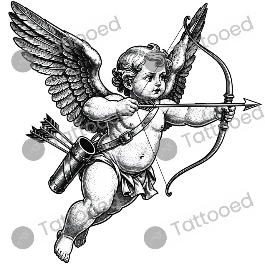 Renaissance Cherub, fine line tattoo flash design