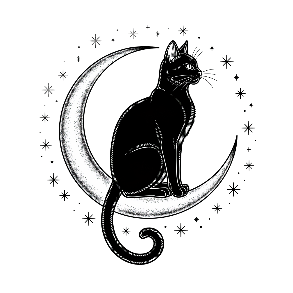 Black Cat on Crescent Moon, fine line tattoo flash design