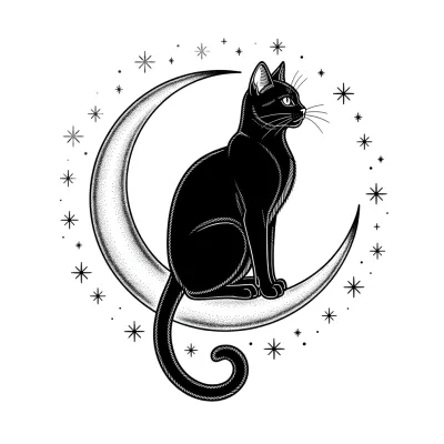 Black Cat on Crescent Moon, Fine Line tattoo flash design