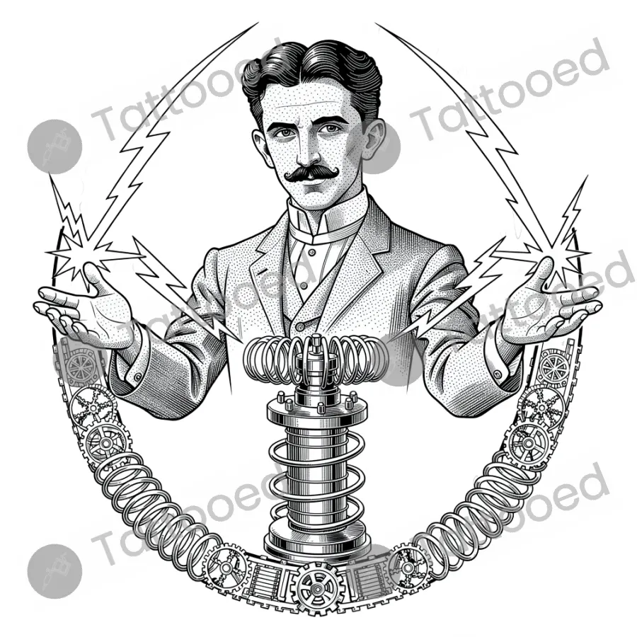Nikola Tesla with Lightning, fine line tattoo flash design