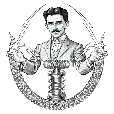Nikola Tesla with Lightning, Fine Line tattoo flash design