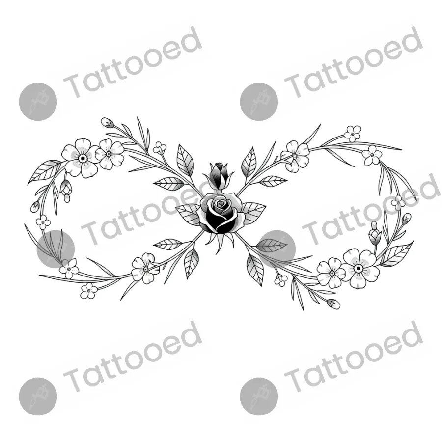 Micro Infinity with Botanicals, fine line tattoo flash design