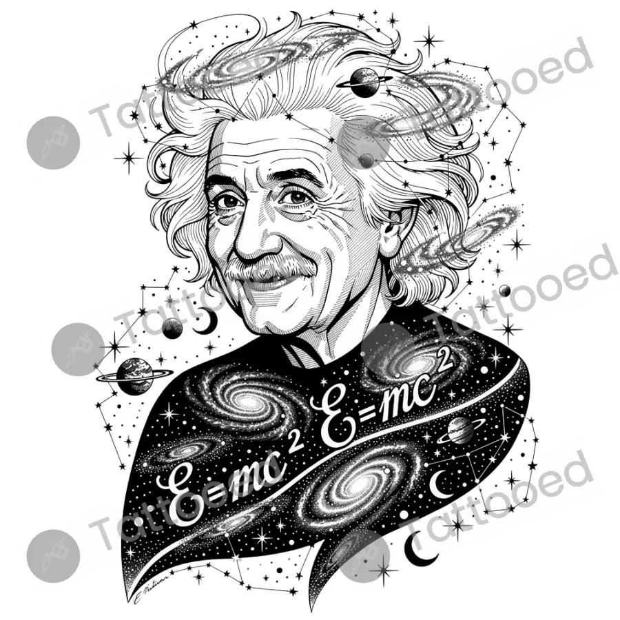 Albert Einstein Portrait, fine line tattoo flash design