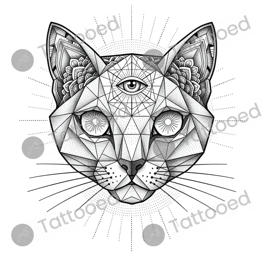 Geometric Sacred Cat, geometric tattoo flash design