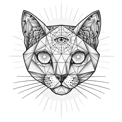 Geometric Sacred Cat, Geometric tattoo flash design