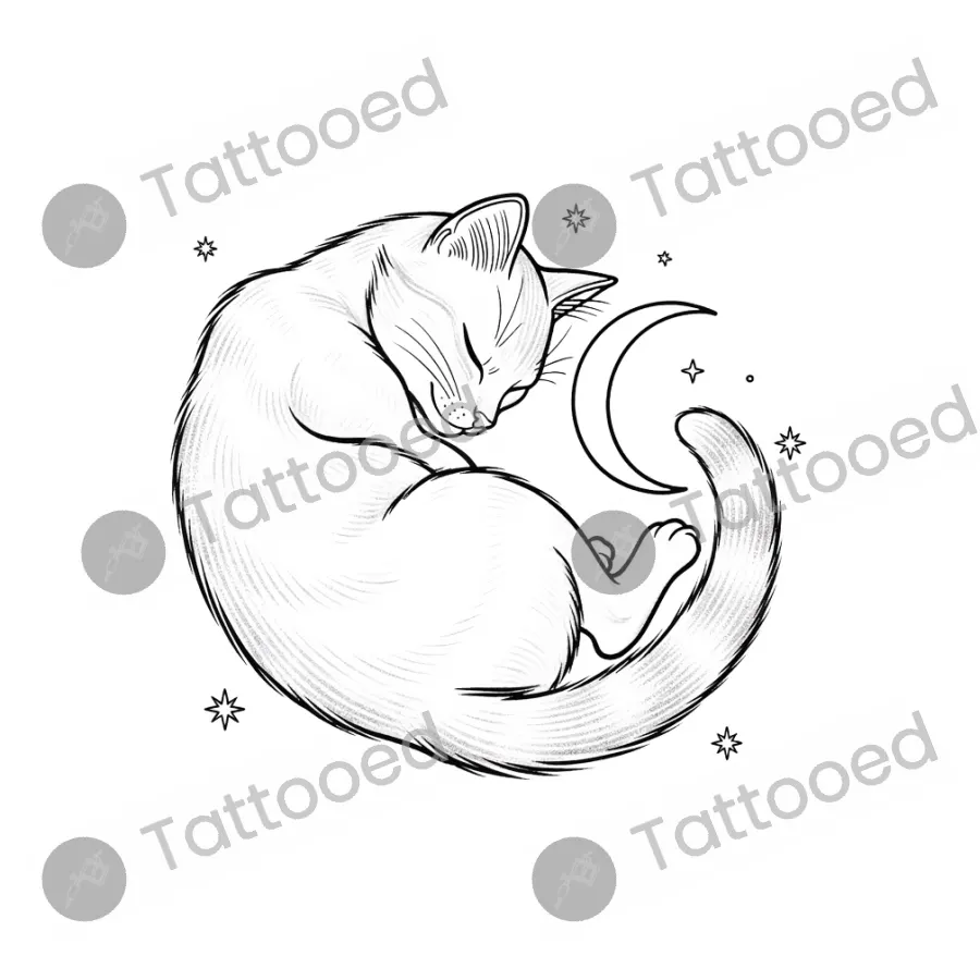 Sleeping Cat Beneath Stars, fine line tattoo flash design