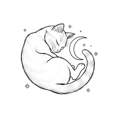 Sleeping Cat Beneath Stars, Fine Line tattoo flash design