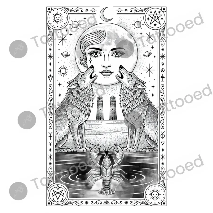 The Moon Tarot Card, fine line tattoo flash design