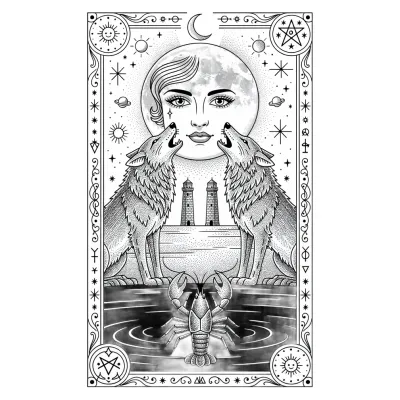 The Moon Tarot Card, Fine Line tattoo flash design