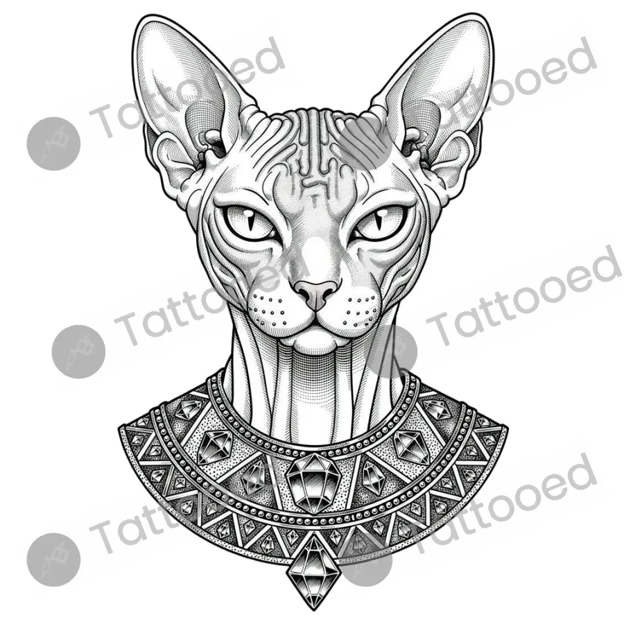 Sphynx Cat Portrait, fine line tattoo flash design