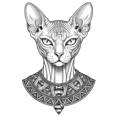 Sphynx Cat Portrait, Fine Line tattoo flash design