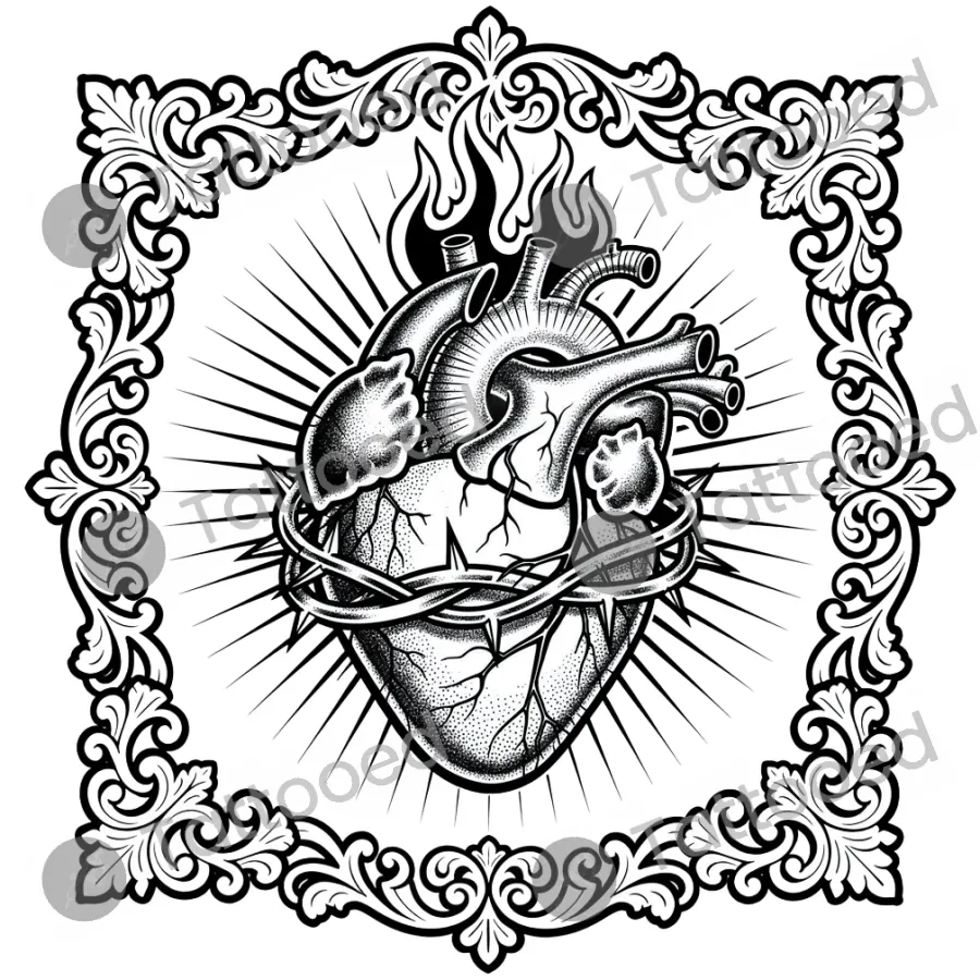 Sacred Heart, blackwork tattoo flash design