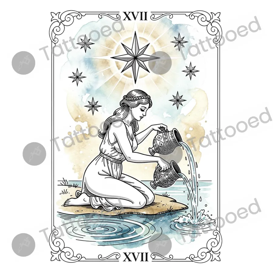 The Star Tarot Card, fine line tattoo flash design