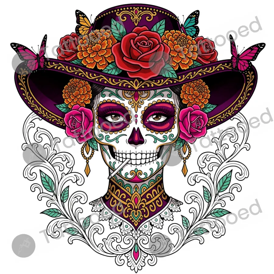 Day of the Dead Catrina, fine line tattoo flash design