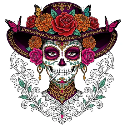 Day of the Dead Catrina, Fine Line tattoo flash design
