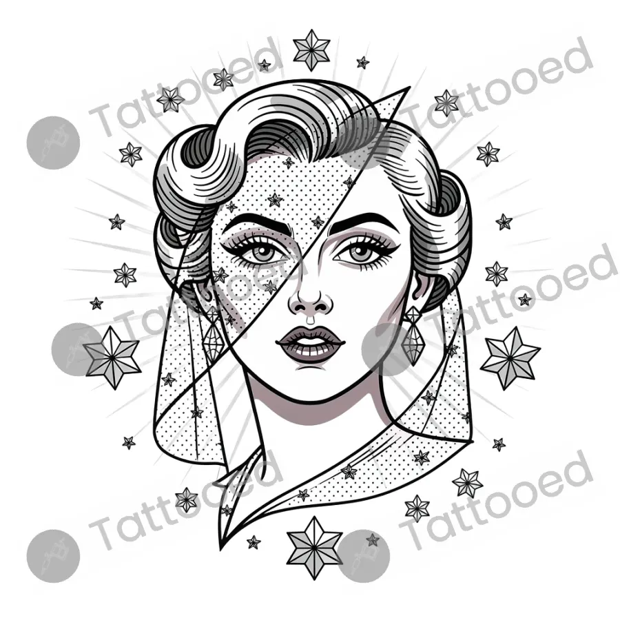 1950s Hollywood Glamour, fine line tattoo flash design