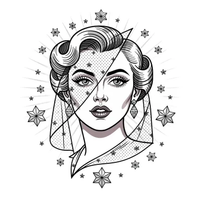 1950s Hollywood Glamour, Fine Line tattoo flash design