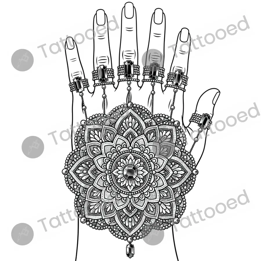 Ornamental Hand Piece, fine line tattoo flash design